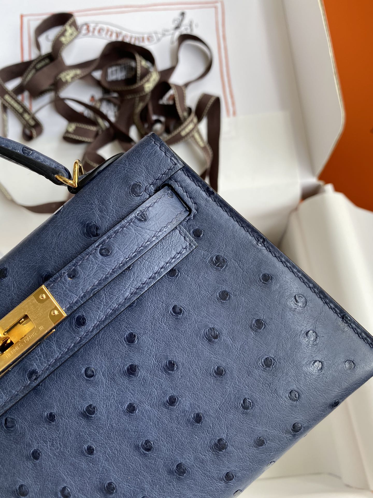 Hermes Kelly Mini II Bag 19CM In Blue Iris Ostrich Leather